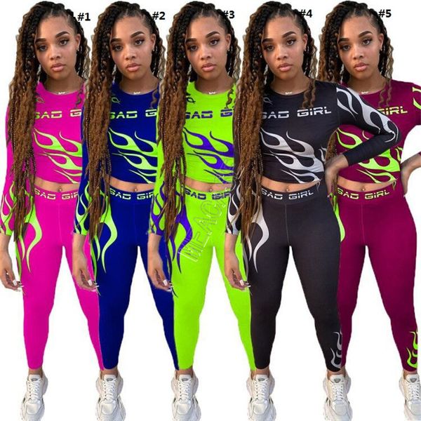 

designers women bad girls letters tracksuits long sleeve outfits flame print crop t-shirt + pants legging sports suit 2pcs/set d91604, White