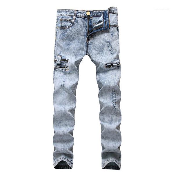 

fashion designer male apparel luxury fold trousers mens washed silod color pants light blue skinny jeans