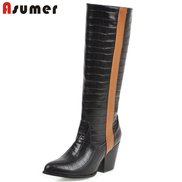 

asumer 2020 new fashion knee high boots women mixed colors pointed toe high heels shoes autumn winter western boots female, Black