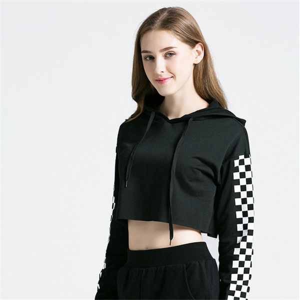 

2020 women's casual hoddies women short sweatshirt long sleeve ladies plaid checked hooded pullover sweatshirt y062, Black