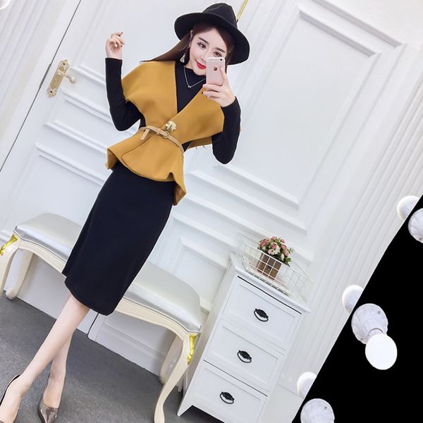 

женского модного двухсекционного платье женщин талии tweed cape рукава жилет slim-fit midi основывая платье, White;black