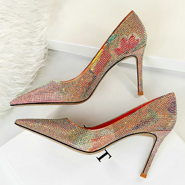 

2020 spring elegant women bling crystal heels pumps colorful 8.5cm pencil high heels diamond pumps escarpins cinderella shoes, Black