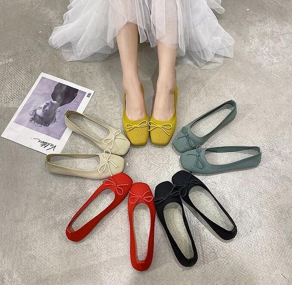 

women bowknot slip on loafers ballerina patchwork flats square toe shallow ballet flats shoes knitting casual flat shoes, Black