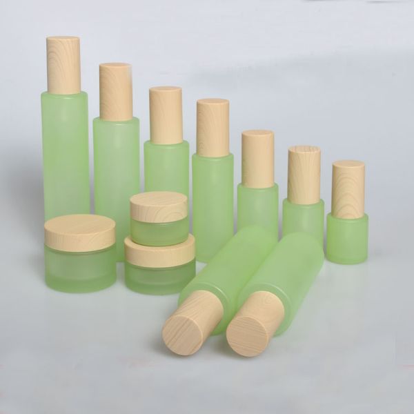 

2/8pcs 20/30/50g green glass diy cream jar pot set 20/30/40/60/80/100/120ml empty toner sprayer/lotion press pump bottle abs cap