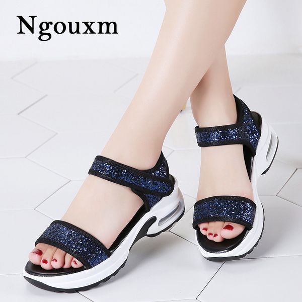 

ngouxm 2020 new women sandals summer shinny glitter women flat shoes woman hoop & loop fashion platform ladies flats sandals, Black