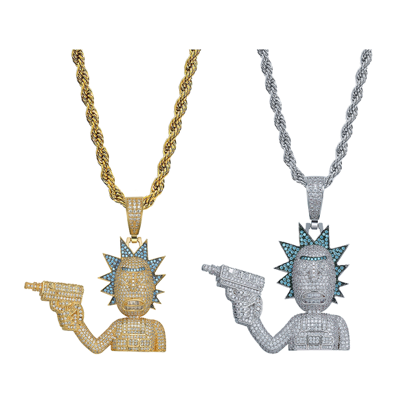 

rick and morty iced out necklace pendant micro pave cubic zirconia hip hop punk rope chain gold argentate jewelry men women, Silver