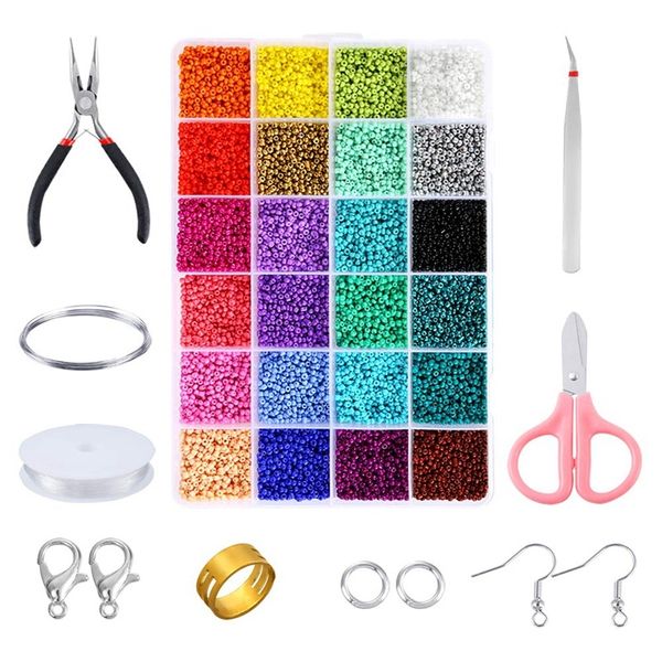 

beads kit, 24 assorted colors craft seed beads with organizer box and other tools for jewelry making, beading crafting(2mm x 1mm mx200810, Slivery;crystal