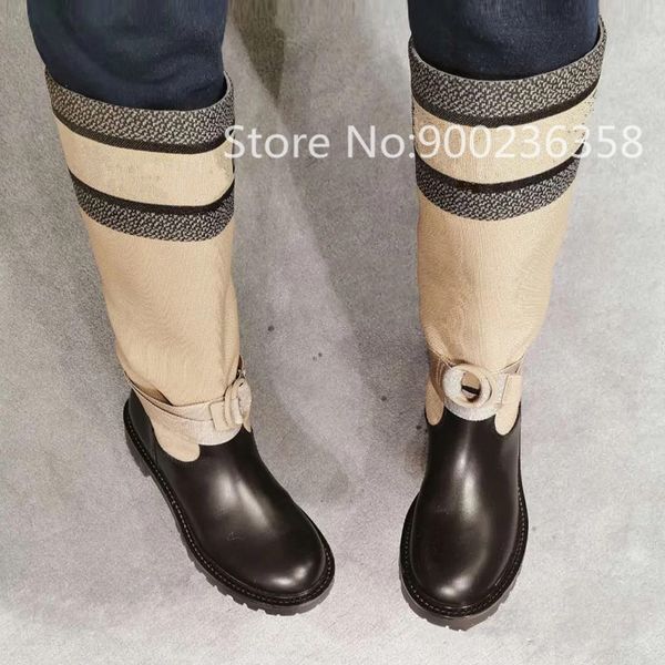 

classcia knit and leather long boots round toe slip on low heel women shoes cow leather knee high women boots autumn winter, Black