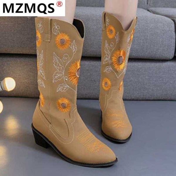 

2020 winter women's boots fashion put-on mid-calf boots comfortable low-heeled round-toe square heel embroidered pu women, Black