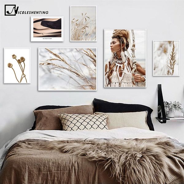 

дикий boho женщина травы тростники плакат nordic холст wall art print природа пейзаж живопись декоративные изображения в скандинавском стиле