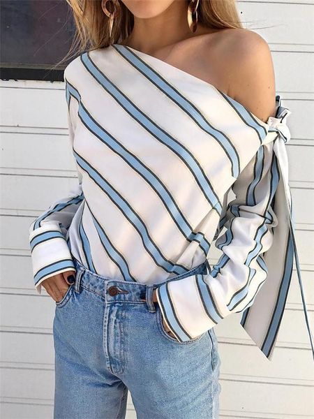 

long sleeve summer female striped womens blouses summer bow off shoulder slim casual backless womens designer shirts backless, White