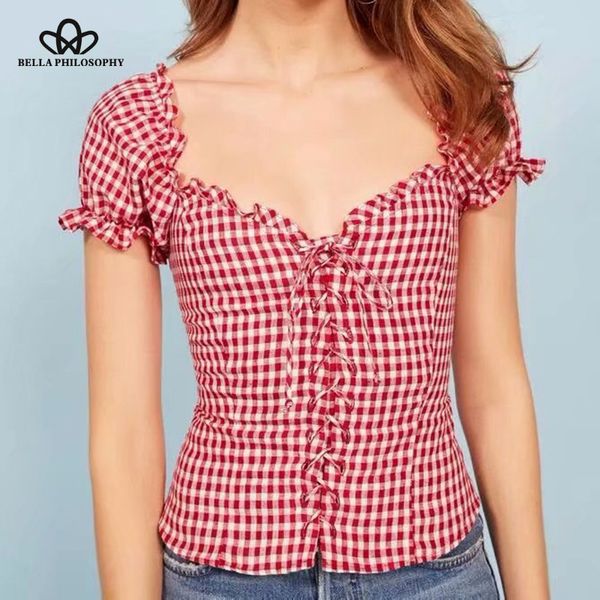 

women's blouses & shirts herstory 2021 summer cotton linen square collar lace up bow tie short women blusas ruffles blouse plaid top, White