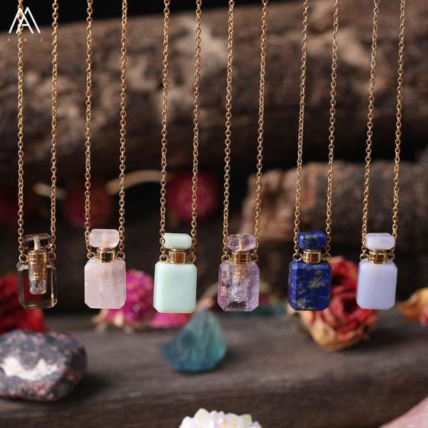 

fashion women natural amethysts quartz smoky color quartz small rectangle perfume bottles gold pendant necklace diffuser jewelry, Silver