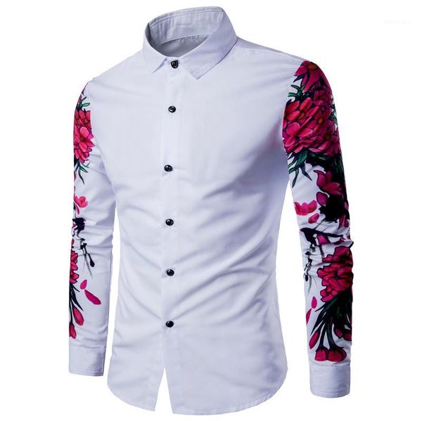 

mens designer casual shirts fashion slim flora printed long sleeve single breasted casual male clothing autumn, White;black