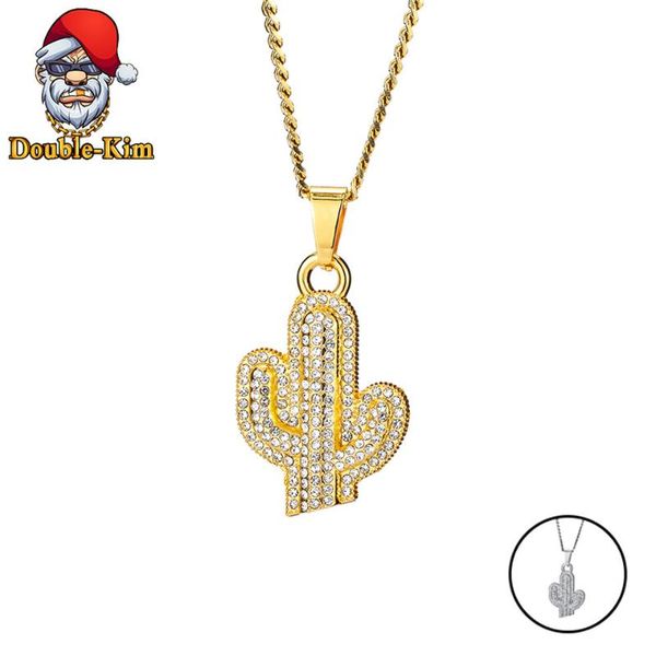 

inlaid zircon cactus pendant necklace men hip-hop rap street culture titanium stainless steel classic chain necklace men jewelry, Silver