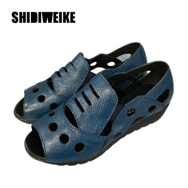 

мать сандалии из натуральной кожи клинья пожилая женщина обувь полые рыбы рот мягкой дышащей женщины плюс размер сандалии 2020 r370, Black