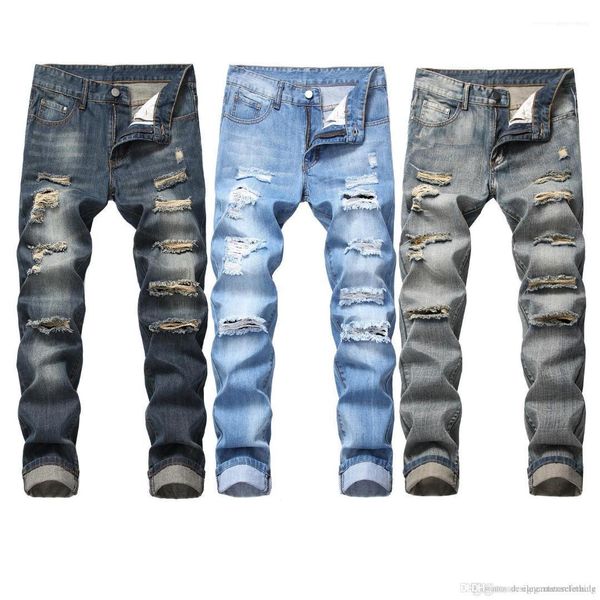 

zipper fly mens jeans male apparel mens hole slim designer jeans solid color mid waist regular jeans washed, Blue