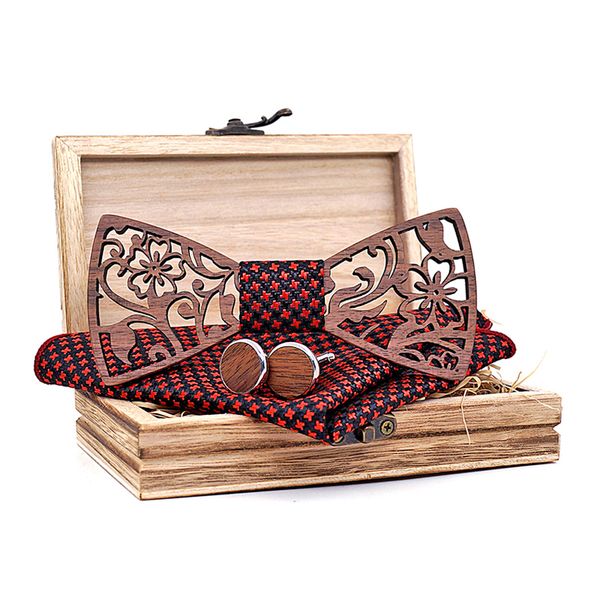 

wine red wooden wood hollow carve bow tie set for men pocket square cufflinks floral brooch with wood box bowtie accessory ties, Blue;purple