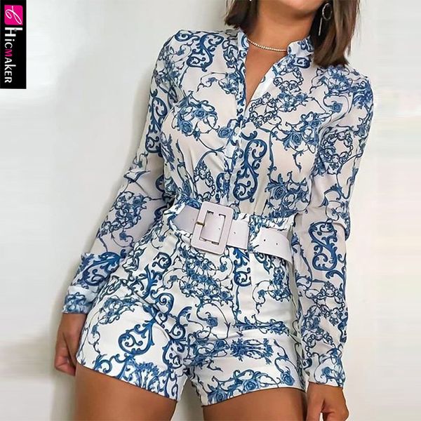 

print v-neck long sleeve casual & short set women two piece outfits t200808, White