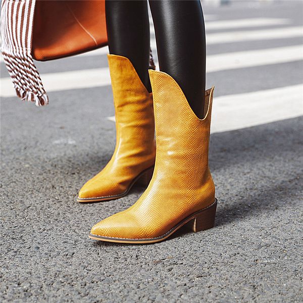

ymechic winter 2020 yellow western boots cowboy boots women block high heels womens shoes pointed toe block high heels bootie, Black
