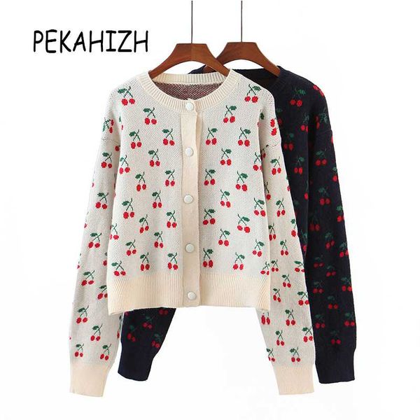 

fashion slim long sleeve knitted sweater vintage o-neck cherry print korean cardigan sweater casual loose chic 2020 new, White