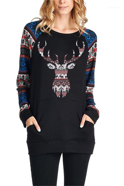 

apparel womens deer print desinger tshirts christmas styel long sleeve crew neck female clothing festival style casual, White