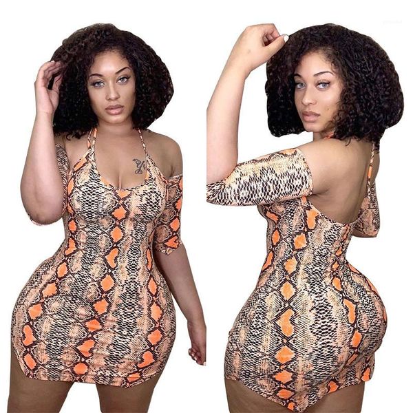 

clothing plus size women bodycon dress backless halter off shoulder snake pattern dress women summer, Black;gray