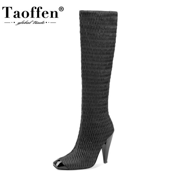 

boots taoffen women knee fashion square toe winter shoes woman warm high heel long boot office lady party footwear size 34-43, Black