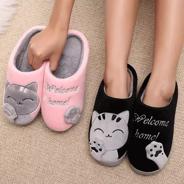 

winter indoor warm home slippers couples bedroom cartoon cat non-slip soft bottom women and men home slippers, Black