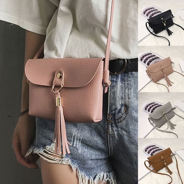 

women fashion shoulder bag with tassel solid color handbag pu leather crossbody bags magnetic clasp coin purse phone bag