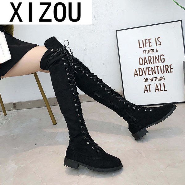 

2020 новая мода женщины сапоги на колено высокие сапоги женщина сексуальный фронт шнурках женщина плоские дамы каблук 6 цветов winter, Black