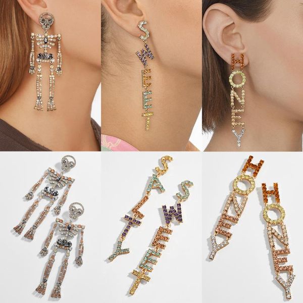 

miwens sparkly кристалл письмо мед мотаться падение серьги для женщин безделушка бар скелет висячие серьги заявление сердце ювелирные издели, Silver