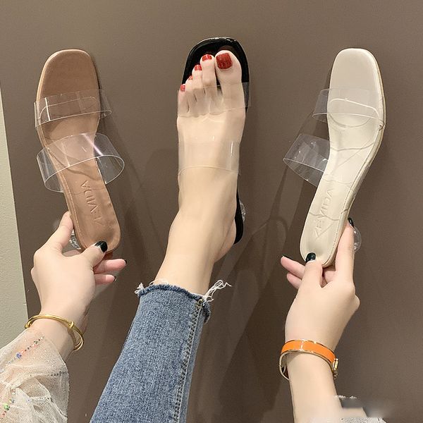

chaussure women slipper 2020 new brand summer geometric heel women beach slippers transparent pvc sandal open toe slides size 41, Black