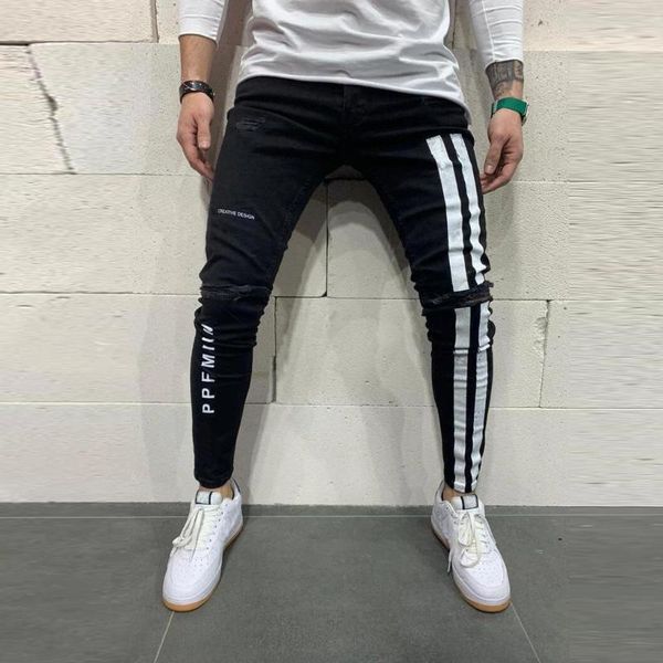 

men's jeans 2021 trendy men skinny biker destroyed frayed fit denim ripped pants side stripe pencil hip hop streetwear, Blue