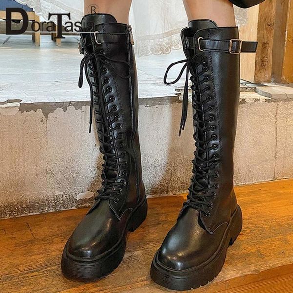 

doratasia new ladies platform boots fashion chunky heels motorcycle boots women 2020 cross tied buckle zip shoes woman, Black