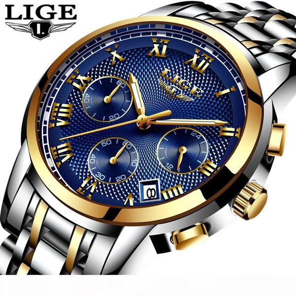 

lige watch men fashion sport quartz clock mens watches full steel waterproof gold wrist watch relogio masculino, Slivery;brown