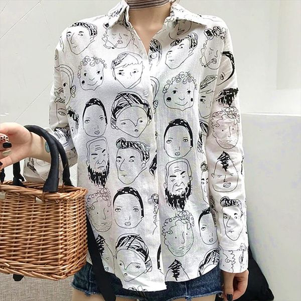 

women black and white figure print single breasted blouse casual long sleeve shirt women cotton cartoon character