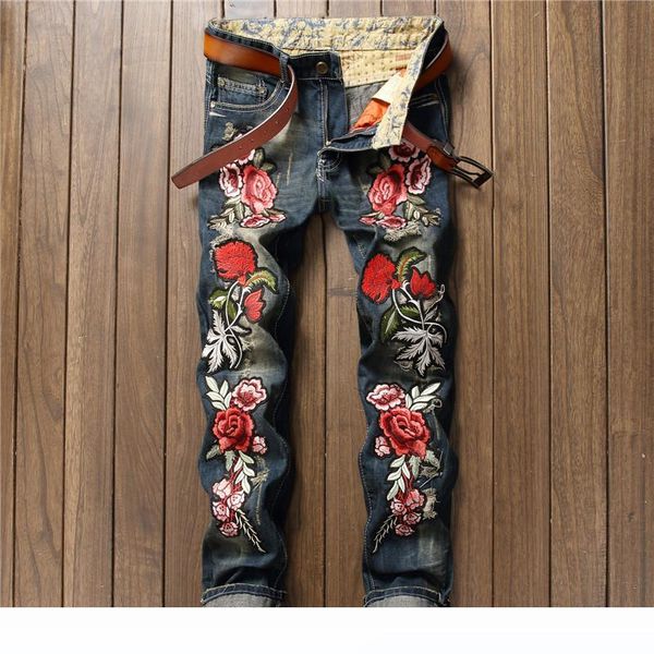 

new fashion summer winter rose embroidered straight jeans slim fit printed jeans biker denim pants, Blue