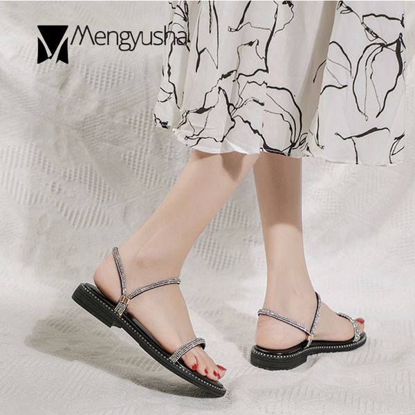 

crystal narrow band open toe 2-wear sandals women metal ornament low heels gladiator sandalias non-slip round toe slippers femme, Black