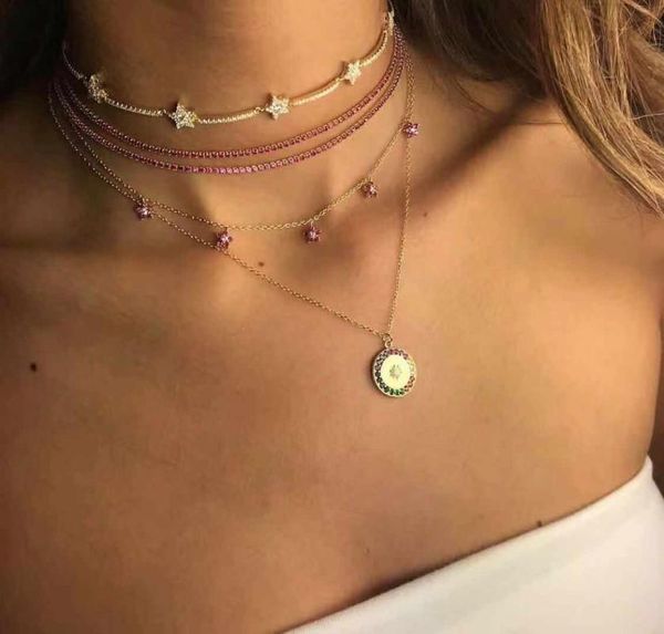 

chains round charm rainbow cz white fire opal stone starburst signet pendant necklace simple geometric fashion jewelry, Silver