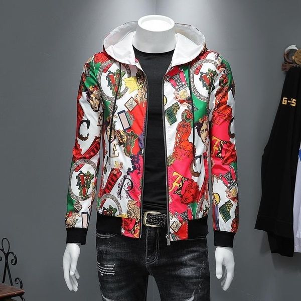 

men's wear 2020 autumn men jacket beautiful printing slim and exquisite even cap youth loose coat, Black;brown