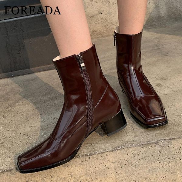 

foreada real leather mid теленок сапоги zip med каблука женщина сапоги толстый каблук короткие площади toe женская обувь осень зима черный, Black