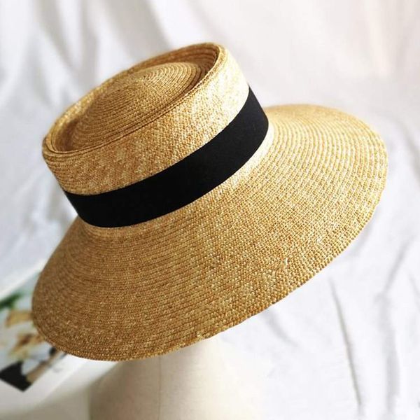 

women ring fine straw hat summer wide-brimmed boater hat elegant ladies sun black ribbon band fedora for chuch, Blue;gray
