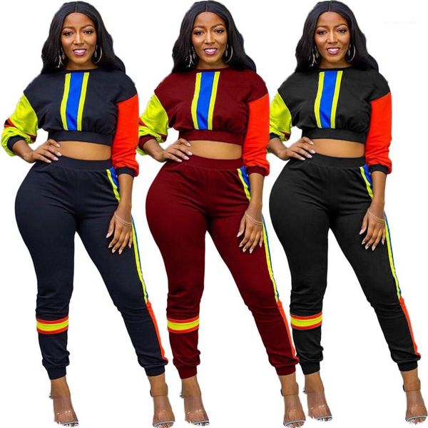 

crew neck clothing contrast fashion long sleeve trousers two piece pants spring womens panelled tracksuits womens set, White