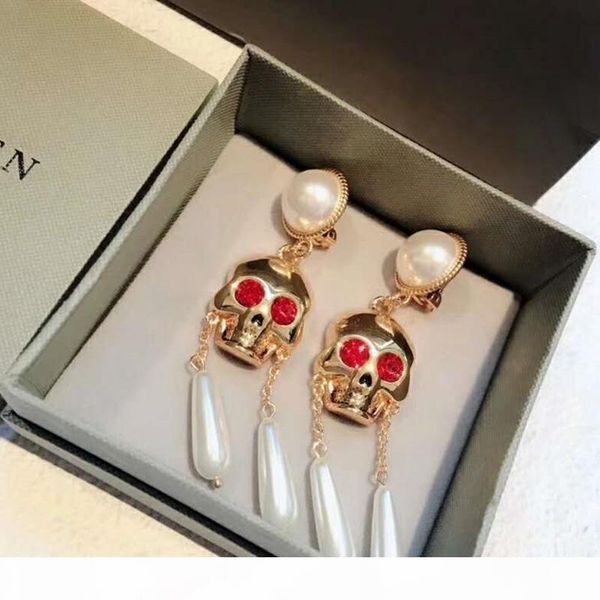 

europe and america personality yellow gold plated cz pearl skull earrings clips for girls women for wedding party, Golden;silver