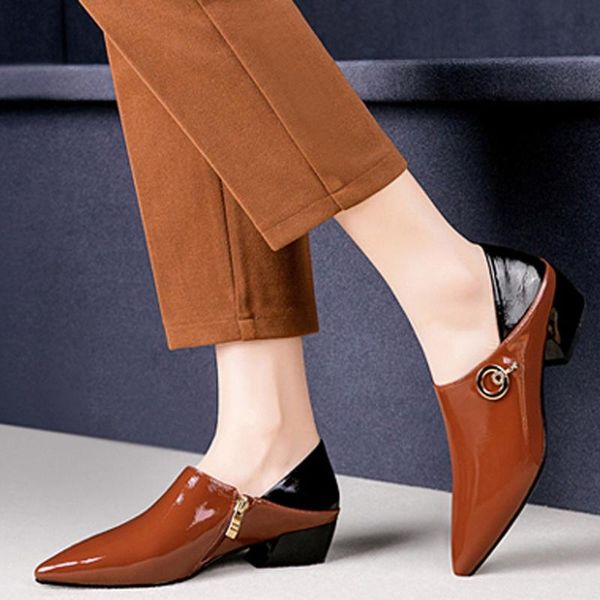 

new women pumps patent leather colorblocks pointed toe low heels single shoes woman vintage work pumps zapato mujer, Black