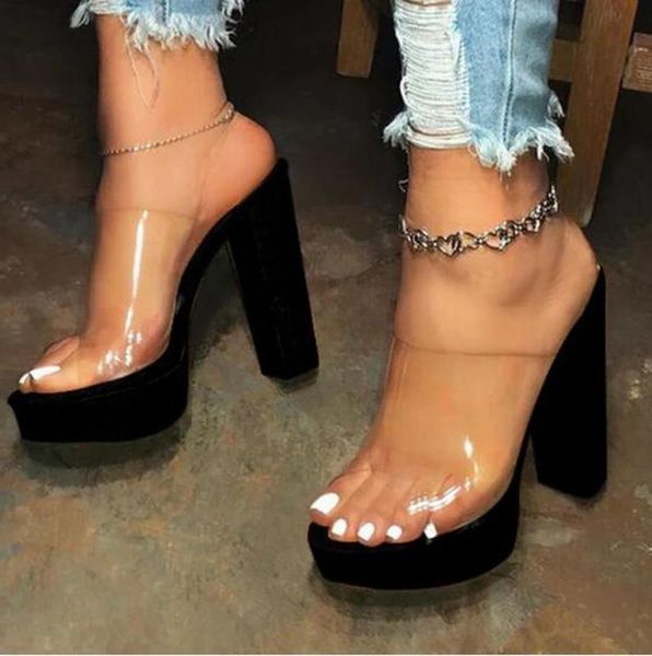 

sagace summer fashion crystal slides clear pvc transparent slippers outdoor women shoes peep toe high heels mules dress pumps, Black