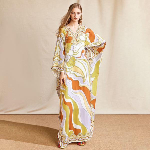 

summer fashion design plus размер длинные платья женщин v шеи batwing рукавом печатных шифон blending сыпучие платье, Black;gray