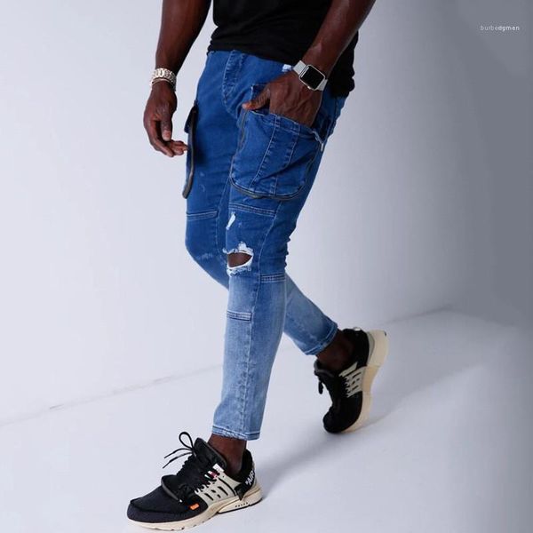 

джинсы hip hop карандаш брюки для man mens gradient designer jeans повседневный мульти карман ripped скинни, Blue