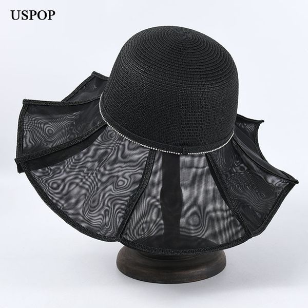 

wide brim hats uspop mesh yarn patchwork women sun straw lotus leaf fedoras female summer, Blue;gray